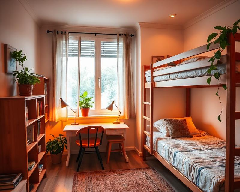 Student bedroom with desk and bunk bed